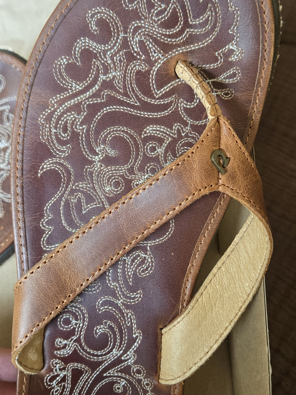 Olukai Paniolo Leather Flip Flops with Embroidered Footbed - Picture 7 of 13
